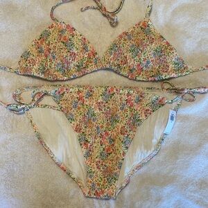 Old Navy Floral Smocked Triangle Bikini in Cream, Pink, Green, Blue